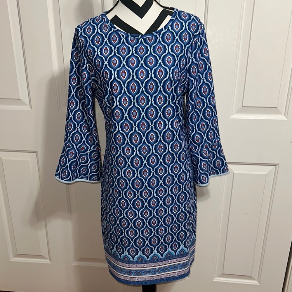 EUC! Cabana Life Blue/Red/White Geometric Bell sleeves Dress